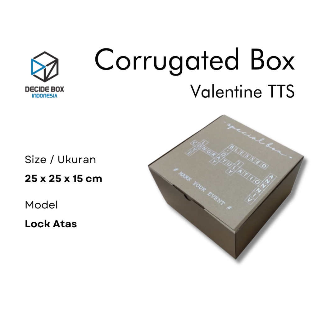 

Decide Box Indonesia - Kardus / Corrugated Box Lock Atas Model Valentine TTS / Kotak Kado Hampers Valentine TTS Model Lock Atas.