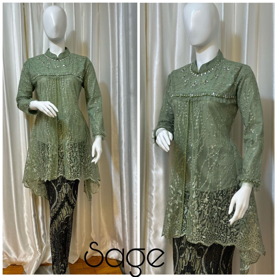 Set kebaya tunik Tile mix Payet mutiara / kebaya pesta kondangan - Sage