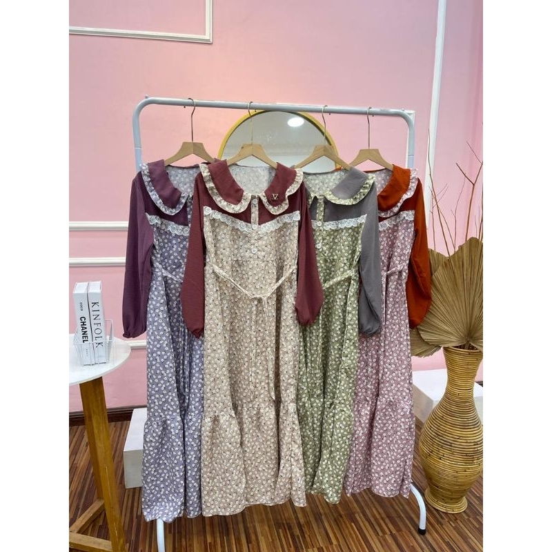 Dress korean gamis bunga crinkle airflow kombi shakila crinkle by Maura