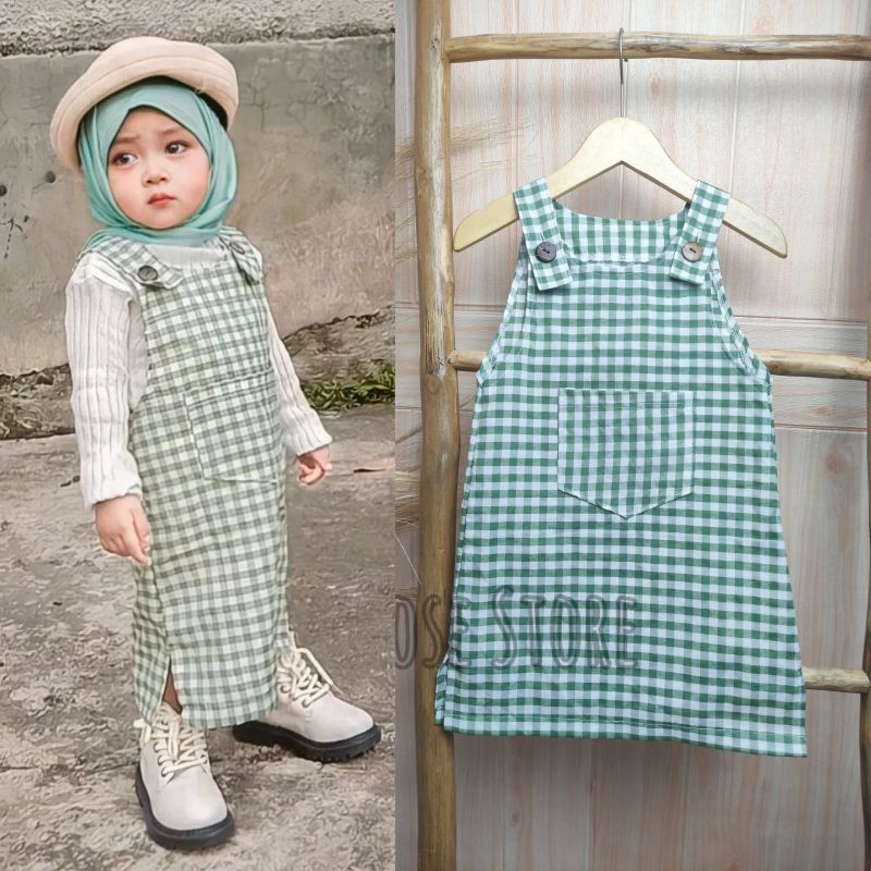 setelan overall mini dres kotak usia 1-8 tahun/setelan anak perempuan/pakaian muslim/baju anak /baju