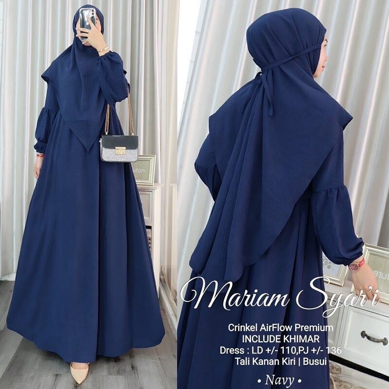 Gamis Syari Crinkle AirFlow Mariam Syari Set Khimar Dress Kondangan Gaun Pesta Muslimah Baju Wanita 