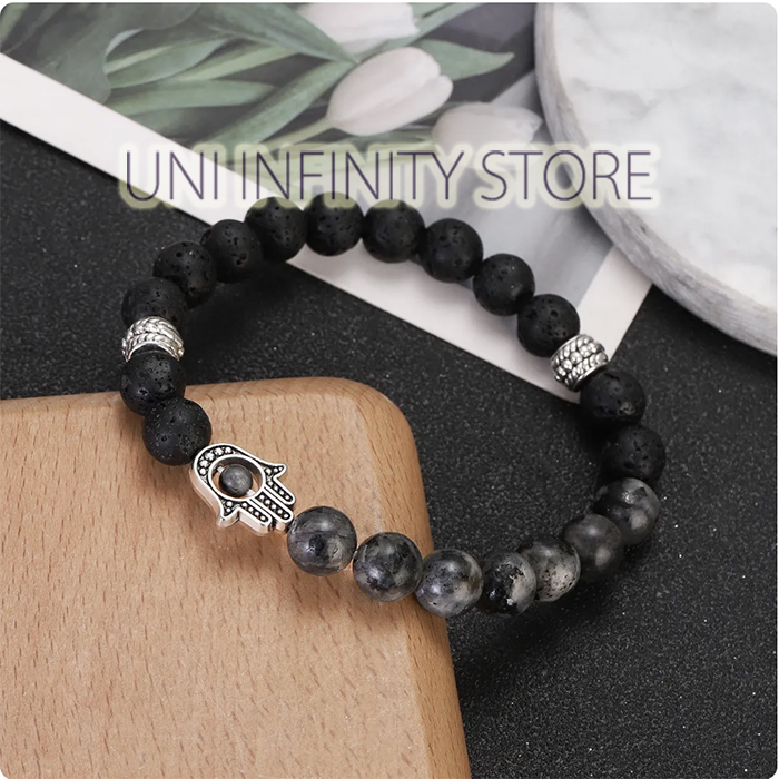 JWBR0158 Gelang Batu Lava Hitam Tapak Tangan Fatima Mata Hamsa Khamsa Perak Unisex Pria Wanita Silve