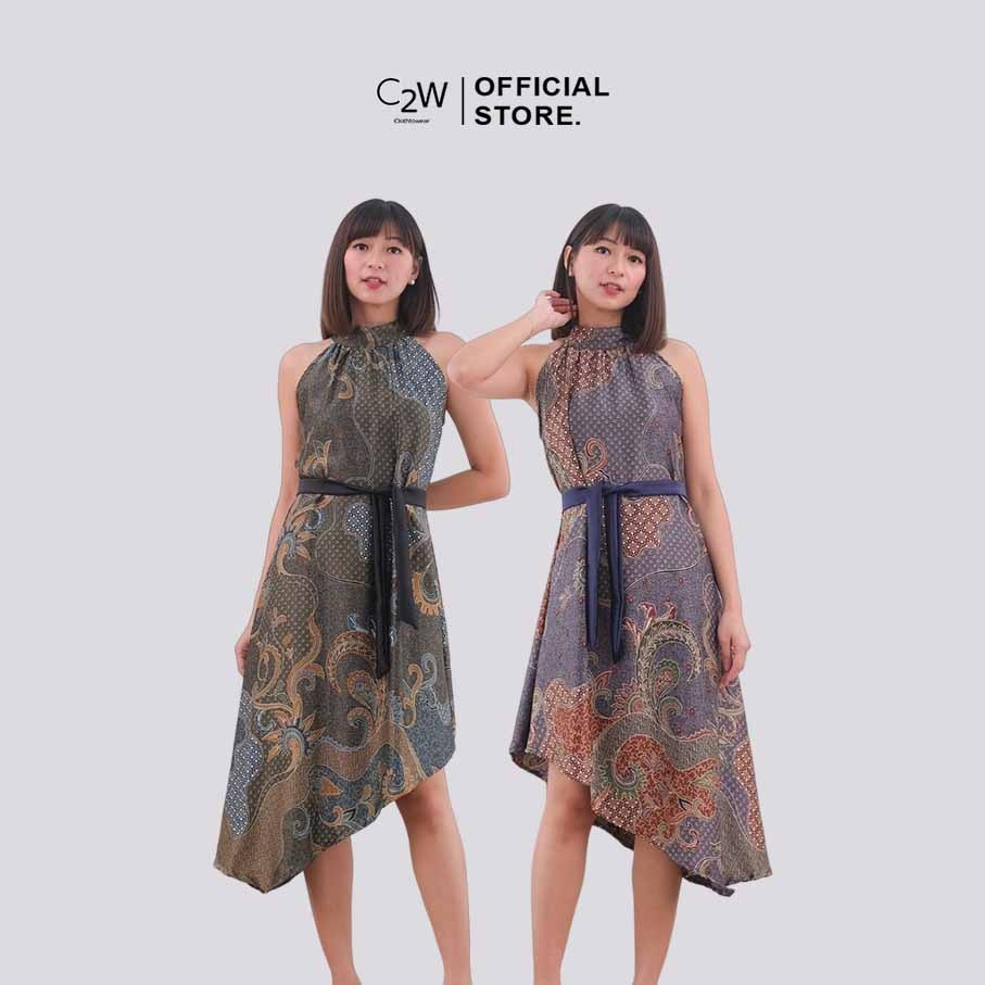 C2W Clothtowear Dress Batik Wanita All Size Satin Women's Clothes Halter Neck Loose Two Layer 640-SB