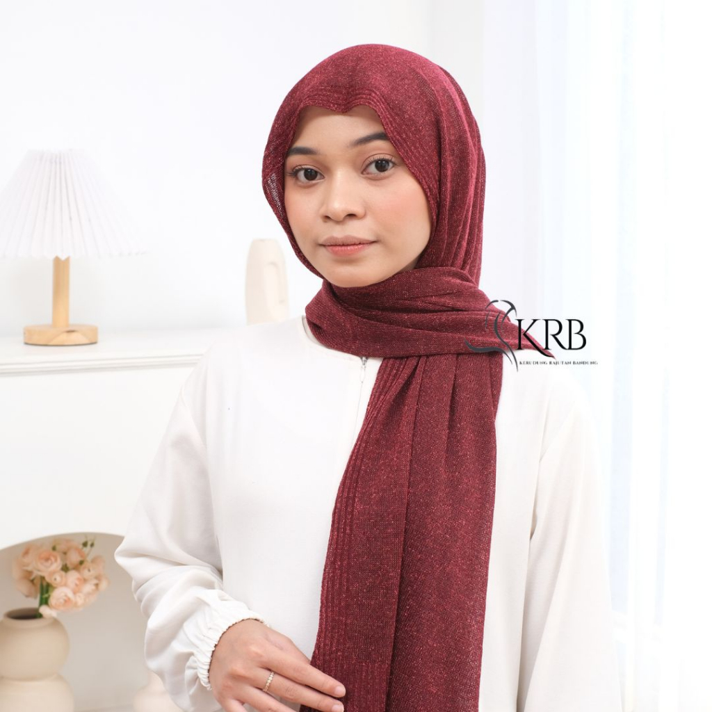KRB | Pashmina Gliter Rajut MERAH - MERAH CABAI - MAROON - PREMIUM - Kerudung Nikahan Wanita Motif T