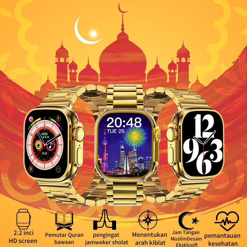 Smartwatch M9 Ultra Max 2.2 Inci Layar Sentuh 49MM Layar Penuh Emas 24K Smart Watch IP68 Tahan Air Quran Doa Ziarah Muslim Smart Watch Pria Android IOS Pria Digital Watch Bluetooth Ponsel Olahraga Permainan Wanita Smart Watch