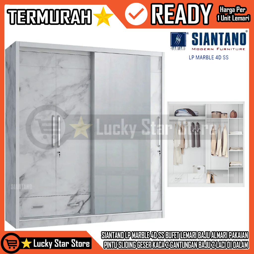 {INSTANT}  SIANTANO LP MARBLE 4D SS BUFET LEMARI BAJU ALMARI PAKAIAN  PINTU SLIDING GESER  KACA CERM