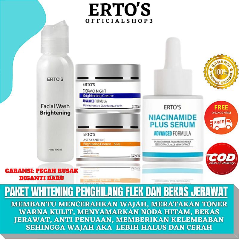 Ertos Paket Whitening Pemutih Wajah Dan Penghilang Flek Bekas Jerawat BPOM 4In1- Facial Wash, Astaxa