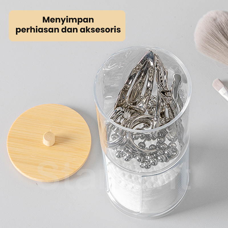 Starlight Kotak Kosmetik dengan Penutup Kayu Rak Tempat Kapas Cotton Bud Perhiasan Tempat Makeup Aksesoris Toples Cotton Bud Makeup Organizer Transparan HSB704