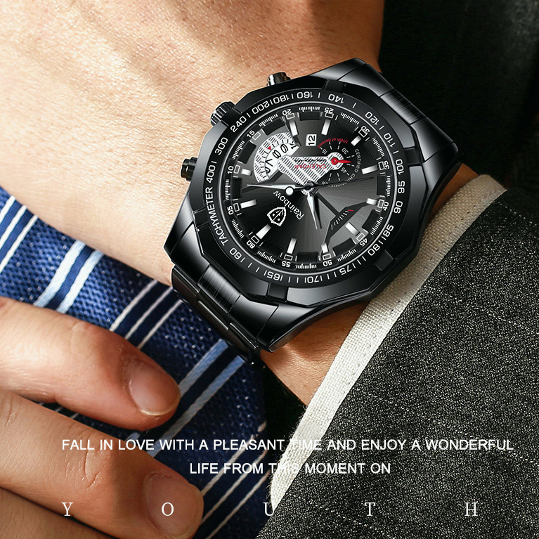 Rainbow COD Asli Jam Tangan Pria Tahan Air Anti Gores Mewah Stainless Steel Watch (Free Box + Card)-2