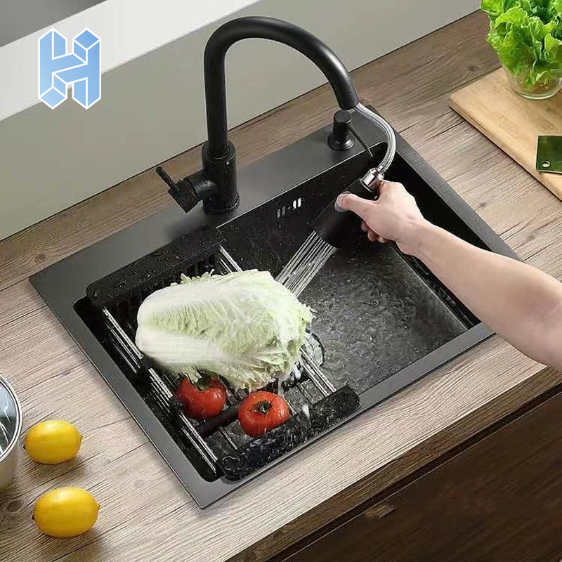Paket Lengkap Kitchen Sink Dan Kran Tarik Hitam Wastafel Cuci Piring Stainless Tempat Cuci Piring