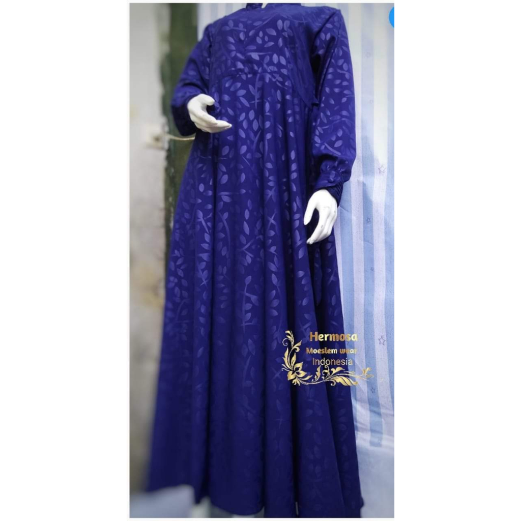 [Gamis Hermosa] Gamis hermosa embos motif katuk warna navy-gamis biru dongker umbrella-gamis embos