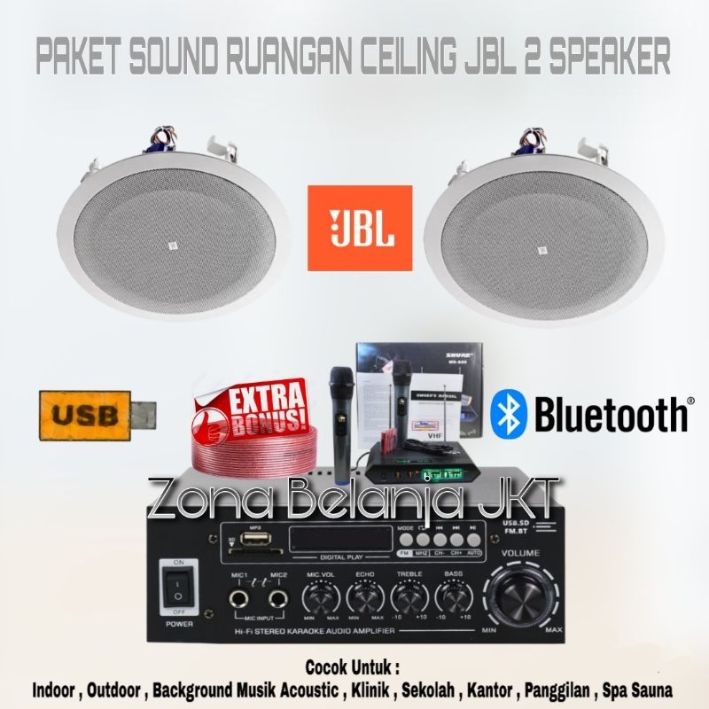 PAKET SOUND SYSTEM RUANGAN INDOOR SPEAKER CEILING JBL 8 INCH AMPLIFIER USB BLUETOOTH MIC WIRELESS TE