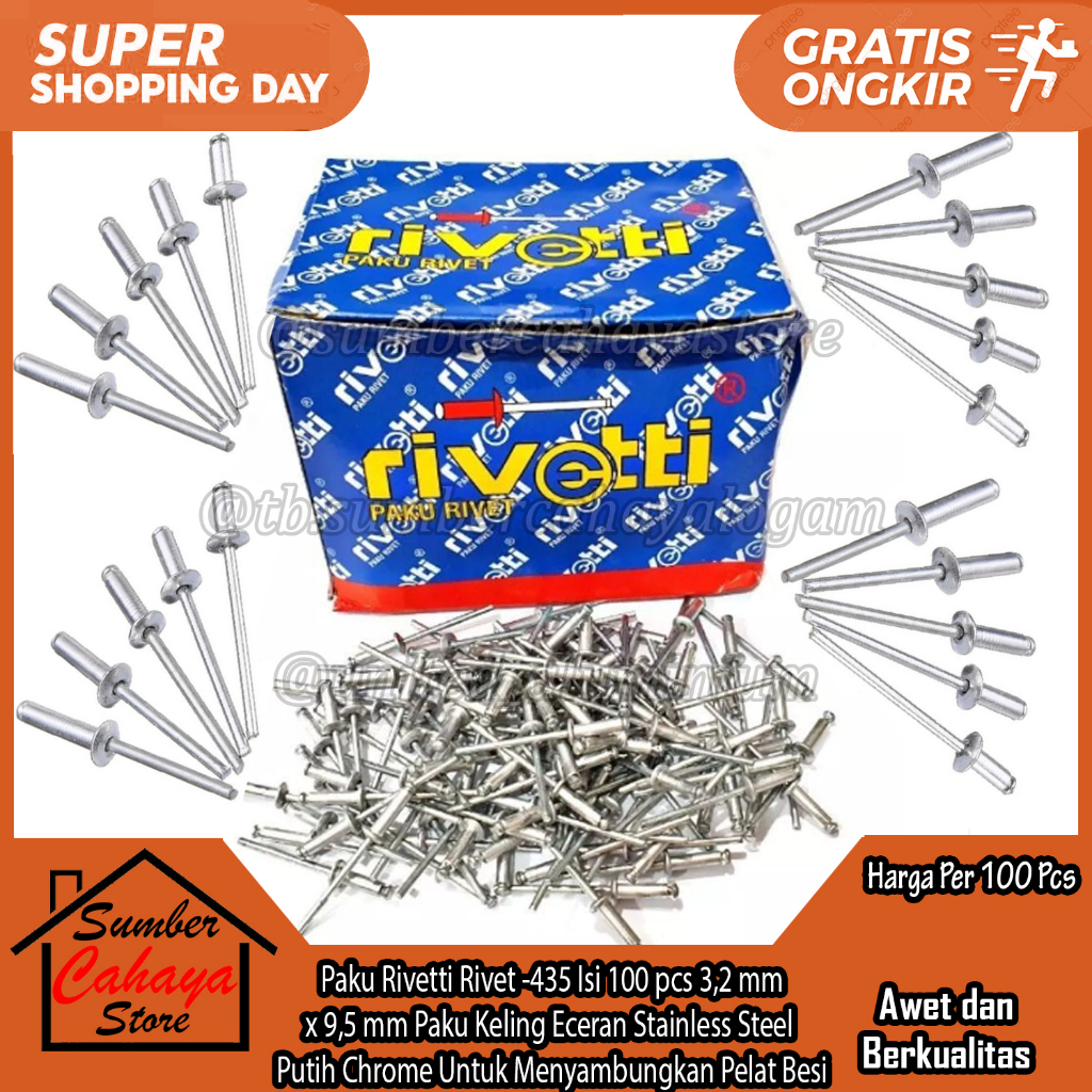 Rivetti Paku Rivet 435 Size 3,2x9,5 Mm Isi 100 Pcs Penyambung Plat Tipis Material Pengikat Penahan P