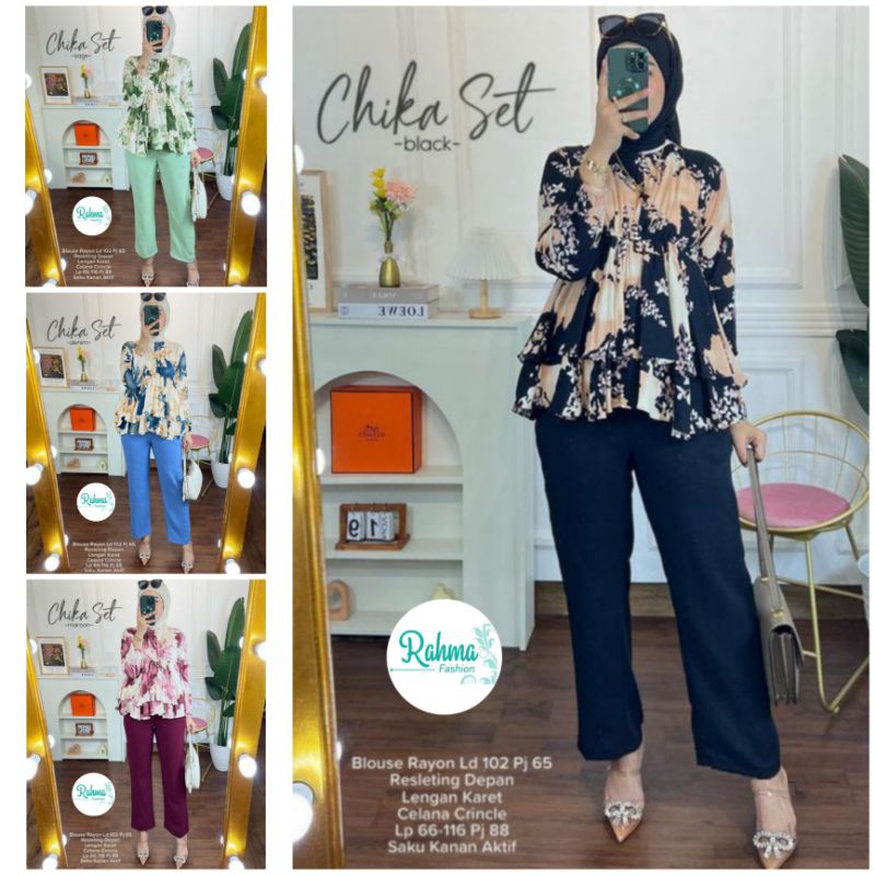 Chika set.SETELAN WANITA DEWASA MOTIF CANTIK,TERBARU & MURAH.BAHAN ORIGINAL RAYON HQ,KOMBINASI CRINK