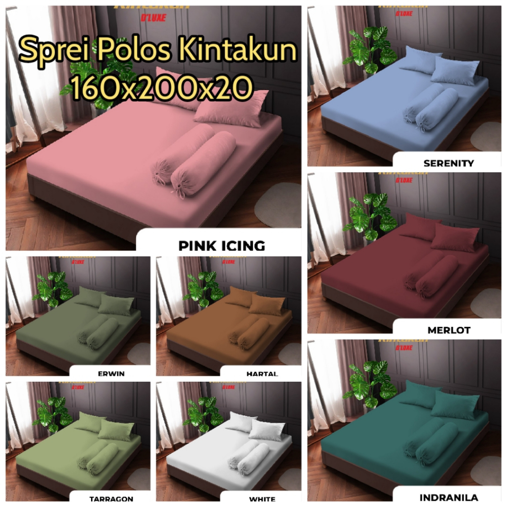 Sprei Kintakun Deluxe Polos 160x200 Tinggi 20 cm No 2 Queen - Motif Hijau Pink Grey navy Bahan berku