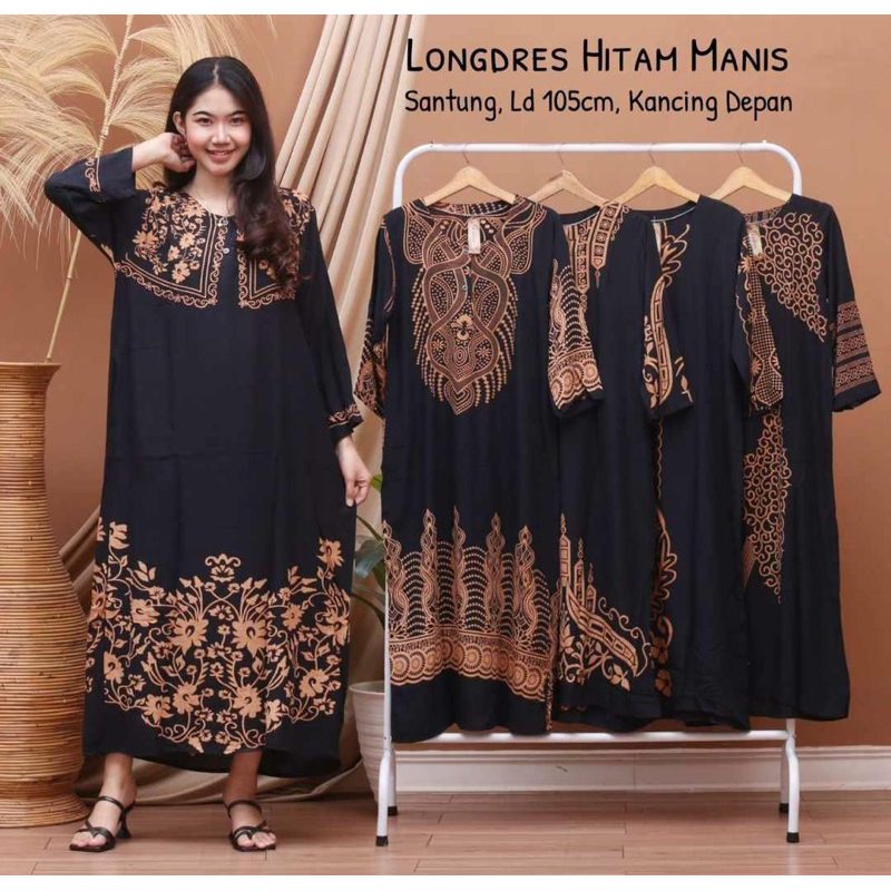 DASTER PANJANG LENGAN PANJANG WANITA LONGDRESS HITAM LD 100 KANCING DEPAN BUSUI BAHAN RAYON TERBARU 