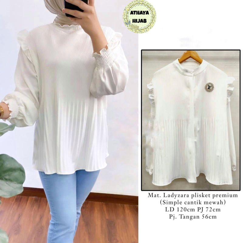 Blouse Jumbo Atasan Wanita Warna Putih Premium LD 120 Lady Zara Mix Plisket Trisia Blouse Mewah Keki