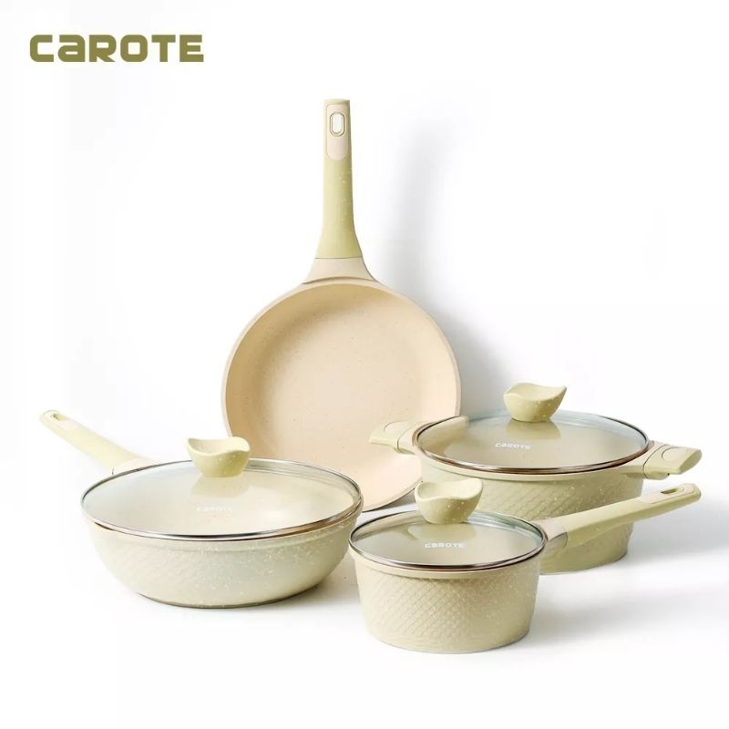 CAROTE Granit Light Green (Terra) Set 7pcs Anti Lengket Bebas PFOA, Wajan Penggorengan Panci Carote 