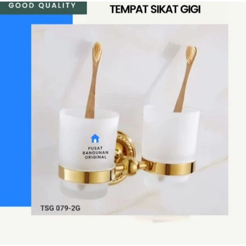 TEMPAT SIKAT GIGI GELAS KUMUR GIGI TUMBLER HOLDER GOLD EMAS ANTIK KLASIK KUNINGAN BRASS BERTU 079-2
