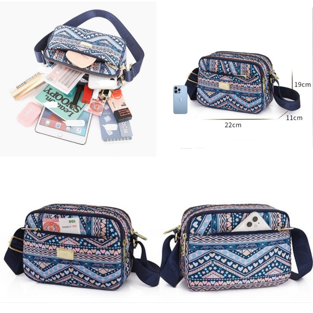 TAS SELEMPANG WANITA ANTI AIR IMPORT 3 RESLETING MOTIF UNIK BIRU GASCONA TA840B3 KOREA KEKINIAN SLING BAG CEWEK REMAJA SHOULDER BAHU PREMIUM MURAH FASHION TERBARU BRANDED BATAM