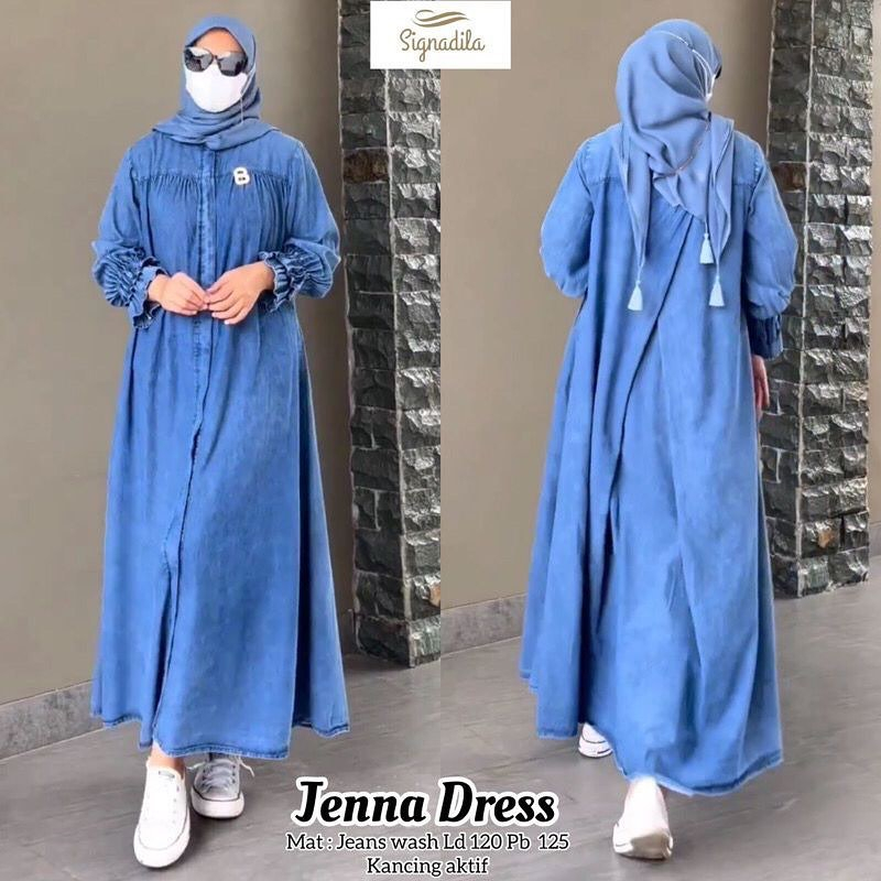 Jenna Midi Dress Gamis Muslim Wanita Matt Jeans Premium Baju Dress Wanita Terbaru 2023 Casual Dress GOM