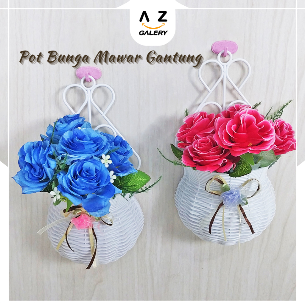 Tanaman Hias Plastik Bunga Mawar Hias Gantung Dinding Cantik Artifical Flower Pot Bunga Gantung Azgalery  PBP35