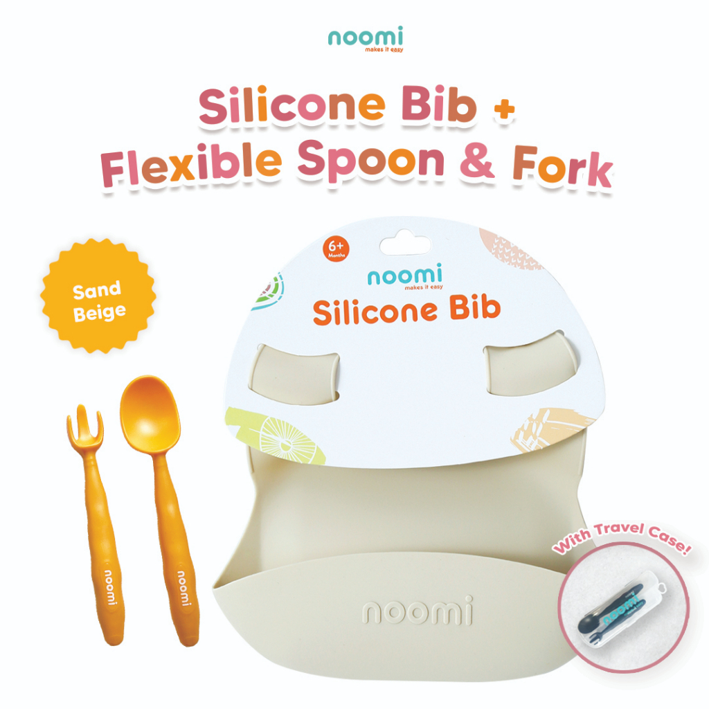 NOOMI Set Sendok Garpu Makan dan Celemek Silikon Anak Noomi - Silicone Bib + Flexible Spoon &amp; Fork