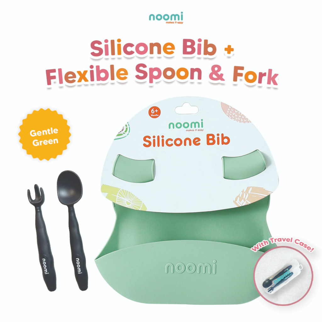 NOOMI Set Sendok Garpu Makan dan Celemek Silikon Anak Noomi - Silicone Bib + Flexible Spoon &amp; Fork