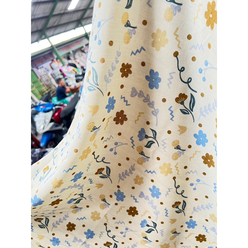 kain katun rayon viscose premium motif bunga kecil dasar krem best seller