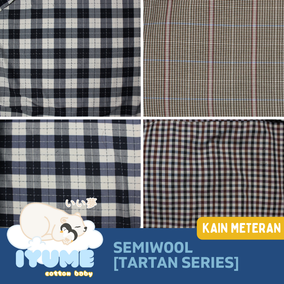 BAHAN KAIN SEMIWOOL METERAN SQUARE KOTAK PATTERN [TARTAN SERIES l BLACK l BROWN l NAVY l RED] Bahan 