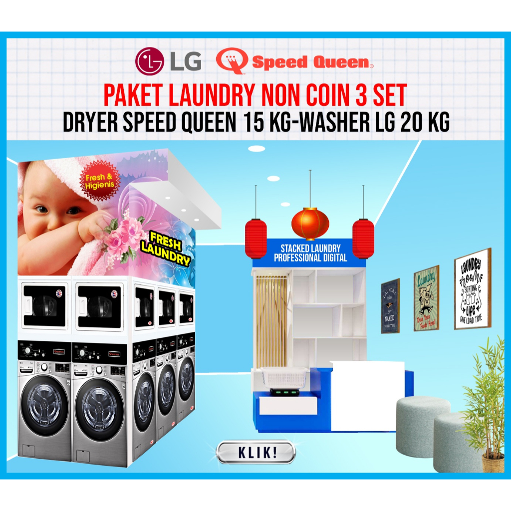 Paket Usaha Laundry Kiloan Dryer Speedqueen 15 Kg & Washer LG 20 Kg, 3 Set Mesin Laundry