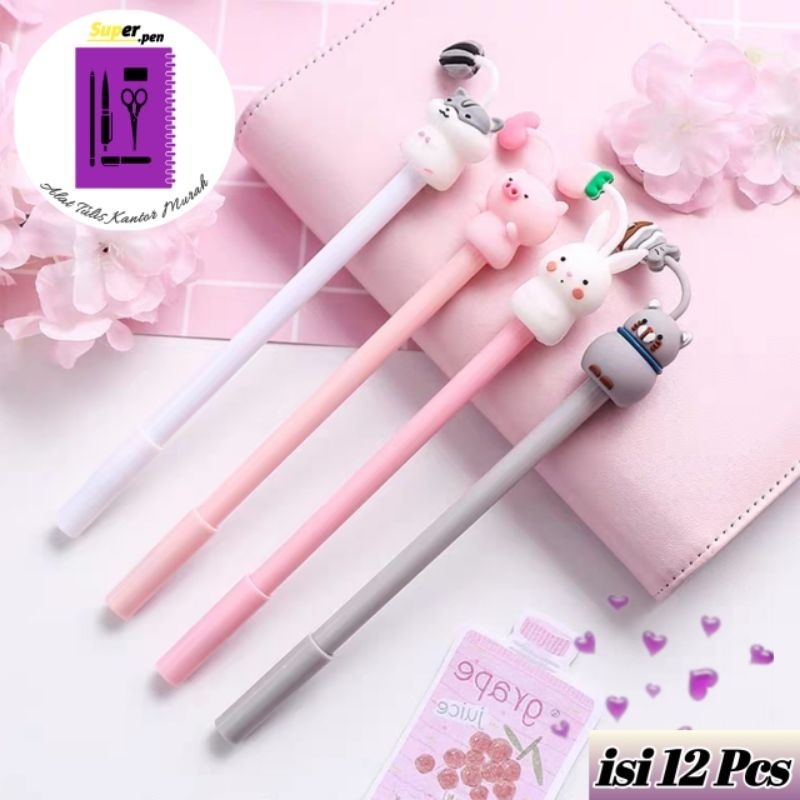

Pulpen hewan karet isi 12 Pcs hamster kucing babi kelinci pen karakter bolpoin gel lucu kado unik stationery COD