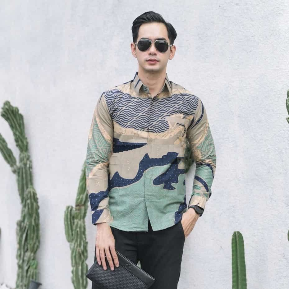 Kemeja Batik Pria Sage Lengan Panjang Baju Modern warna hijau