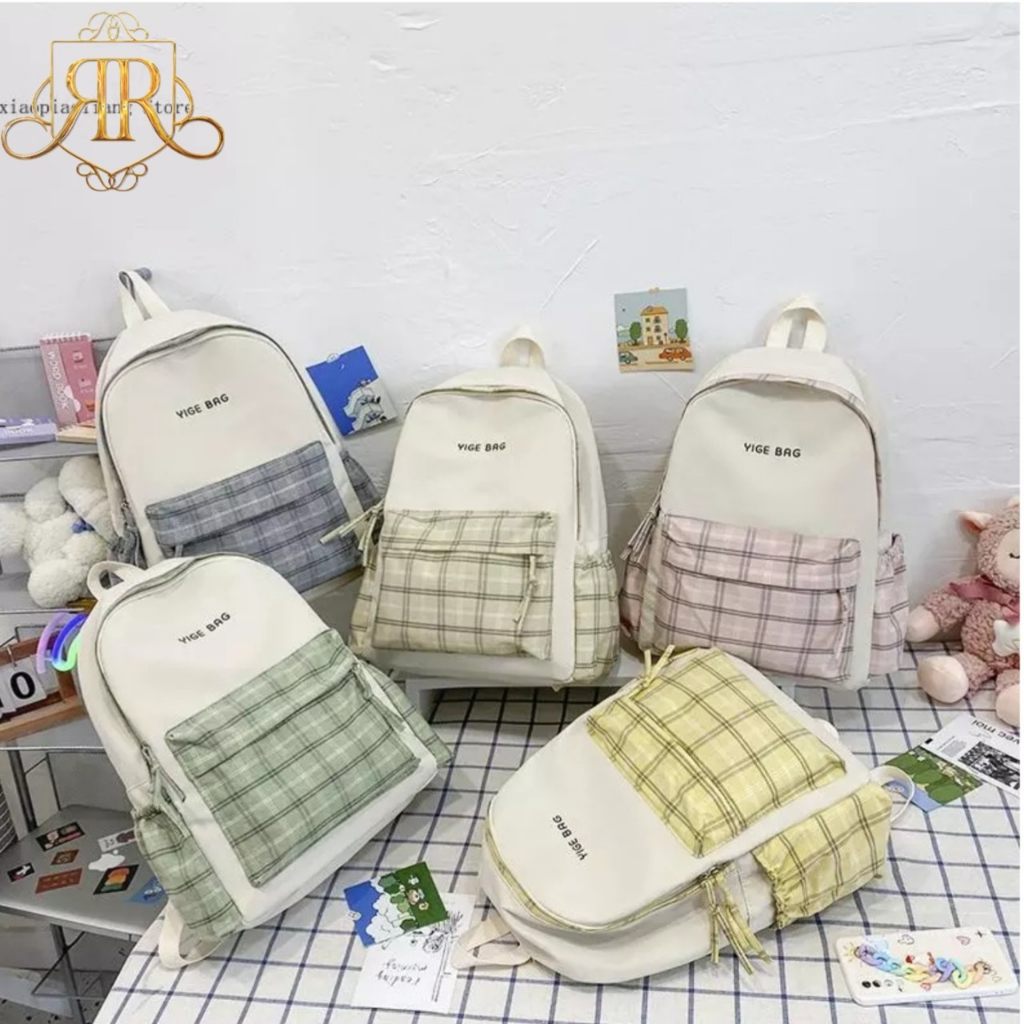 Tas Ransel Wanita Backpack Korean Motif Kotak-Kotak New Fashion 2023