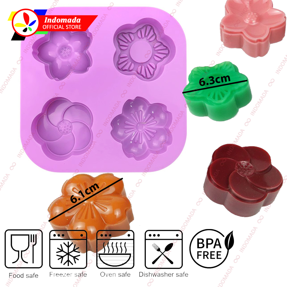 Indomada Cetakan Silikon Sabun Puding Jelly Kue Bulat Besar 4 Bunga Sakura 6.1 x 6.1 x 2.3 cm Coklat