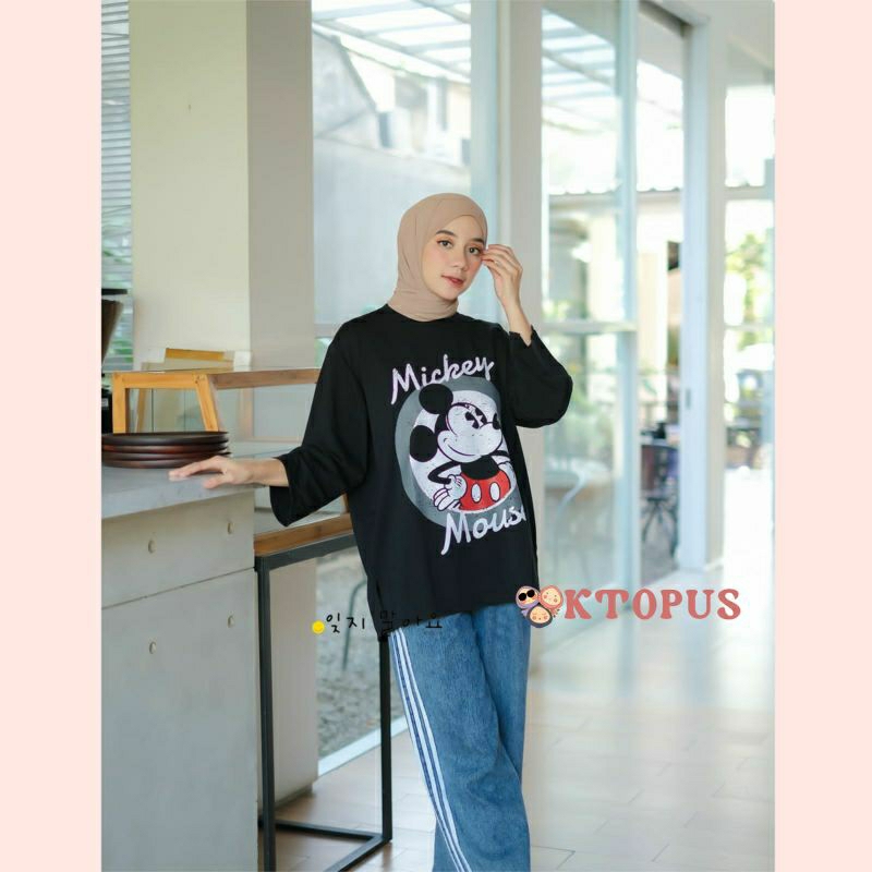 Kaos Black Mickey Mouse / Kaos Lengan Panjang / Baju Atasan Wanita Oktopus