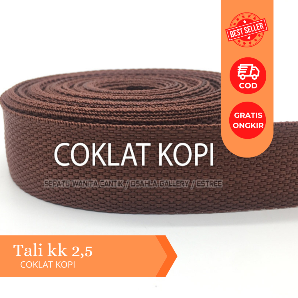 Tali webbing warna Coklat Kopi / Tali Webing 2.5 cm Tebal Kuat/ Tali Sling / Tali Webbing / Pita Bis
