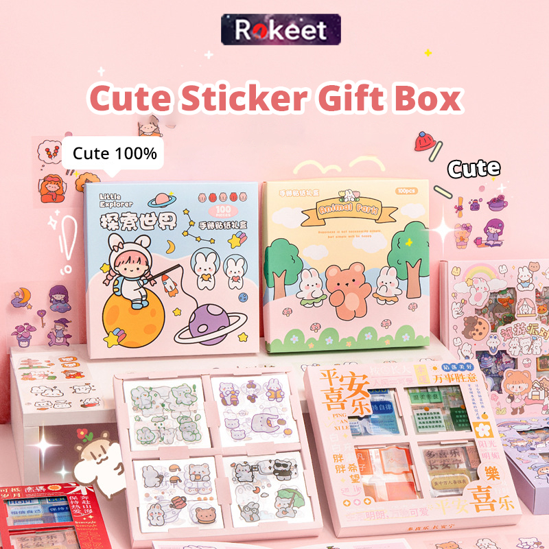 

Rokeet Cute Sticker Gift Box Waterproof Isi 100 pcs Sticker Aesthetic Lucu