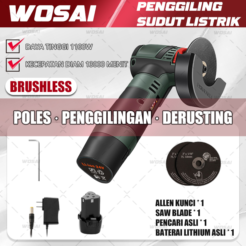 WOSAI Mesin Gerinda Tangan Baterai Cordless Brushless Grinder Mesin Bor Grinda Batrai Gerinda Batera