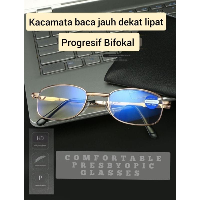 Kacamata baca plus lipat progresif multifocal anti cahaya biru untuk baca dan jalan