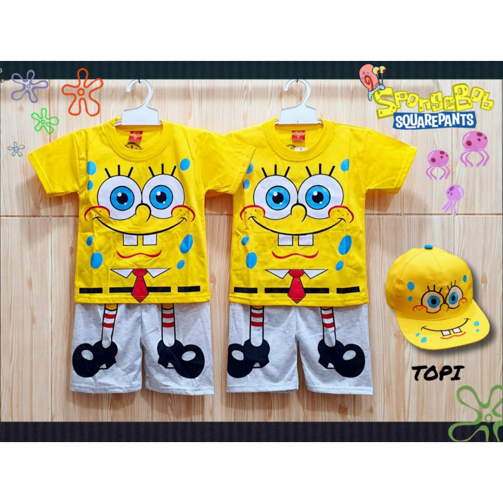 SETELAN BAJU SPONGEBOB ANAK 1 SET TOPI / BAJU SPONGEBOB ANAK GRATIS TOPI
