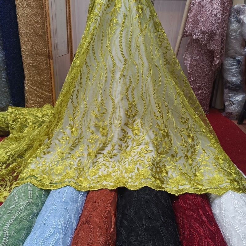 Kain/Bahan Tule Maxico Mutiara Pinggir New/Bahan Tile Maxico Bordir Pinggir Murah/Kain Tule Bordir T