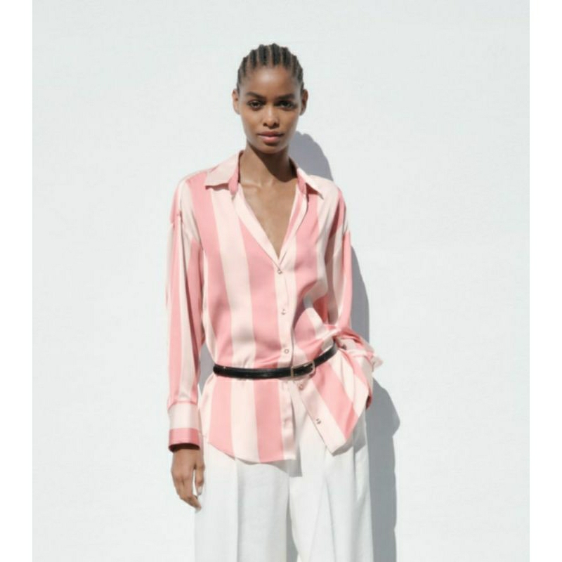 ZARA Satin Striped Pink Shirt size XL