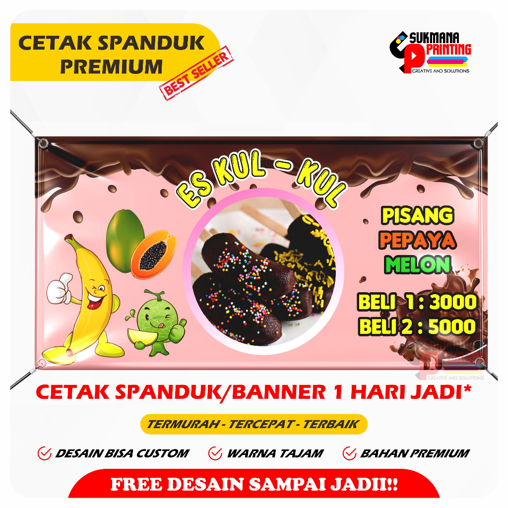 CETAK SPANDUK BANNER ES KUL KUL BUAH - BAHAN SPANDUKK FLEXI PREMIUM