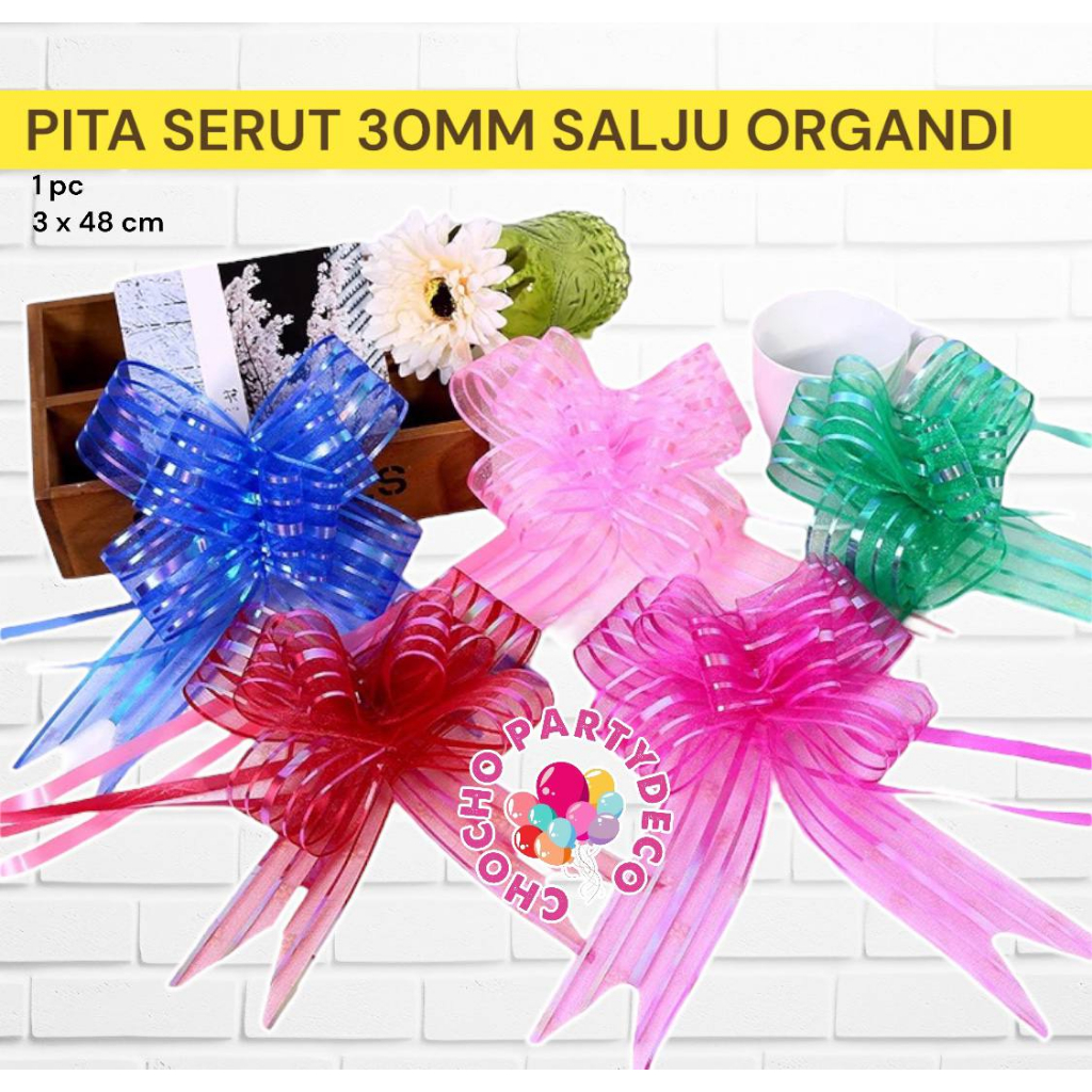 Pita Serut SALJU ORGANDI 30 mm / Pita Tarik BESAR / Hiasan Parcel Idul Fitri Lebaran