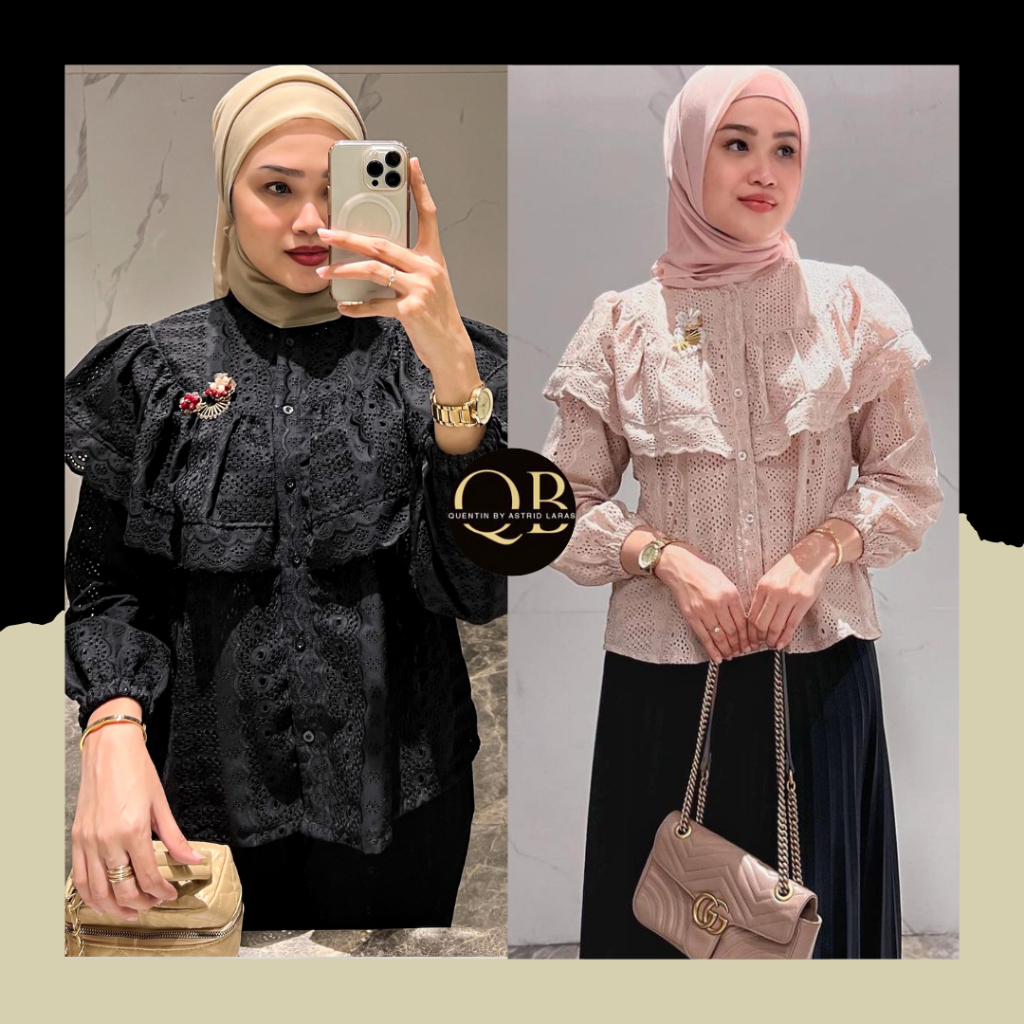 QB Naura Blouse/Kemeja Wanita Brokat Renda Bahan Katun Bordir Bisa Request Pakai Furing/Blouse Putih