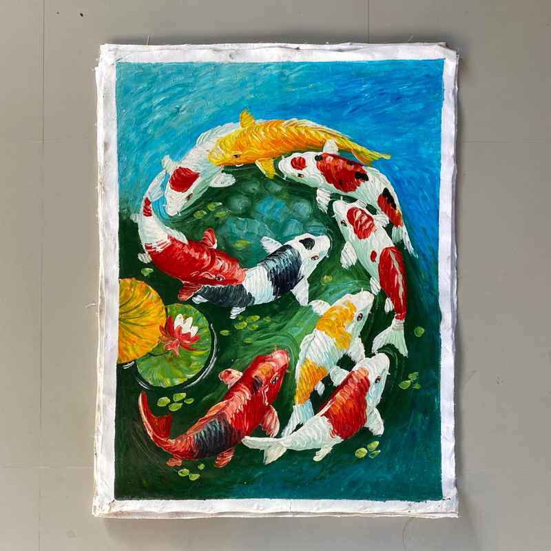 Lukisan Ikan Koi, Cat Tebal (fengshui) Ukuran 60 x 80 cm, 100% Asli Buatan Tangan