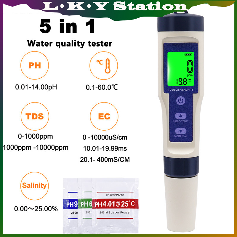 NEW 5 in 1 PPM TDS EC PH Pengukur Suhu Salinitas Pengukur Suhu Air Digital Pena Peng PH Penguji