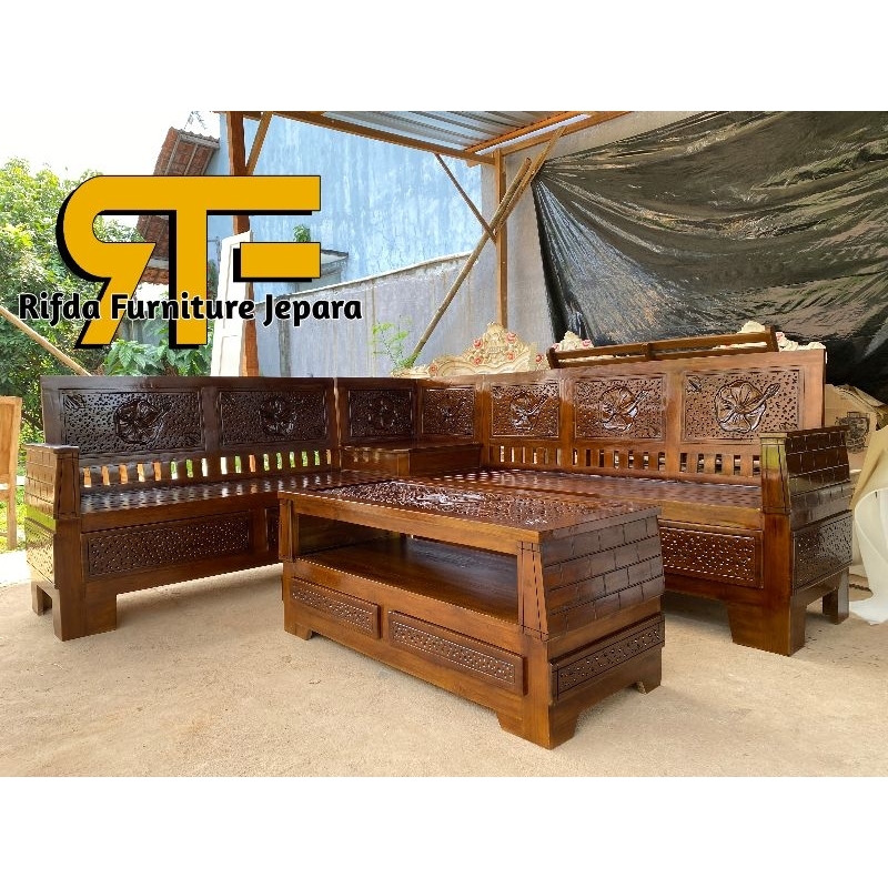 Kursi Tamu sudut Jati laci Termurah (kursi tamu jati murah,kursi sudut L )