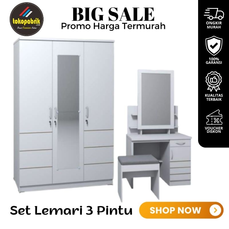 Set lemari pakaian 3 pintu dan meja rias minimalis paket hemat lemari meja rias termurah Ajibarang